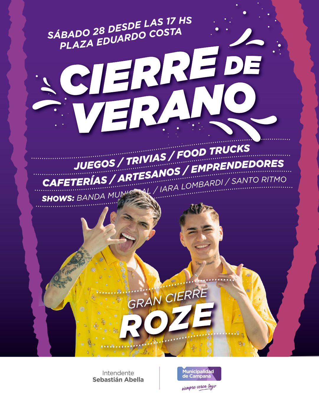 Gran cierre de verano en la Plaza Eduardo Costa, gastronomía, emprendedores y show de Roze