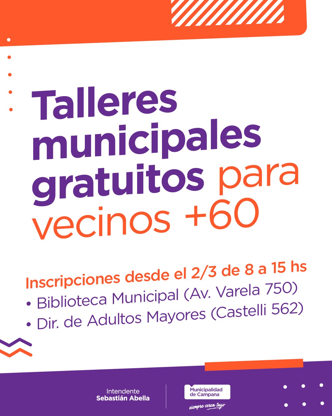 Talleres gratuitos para vecinos +60: Este lunes se inicia el registro para las propuestas municipales
